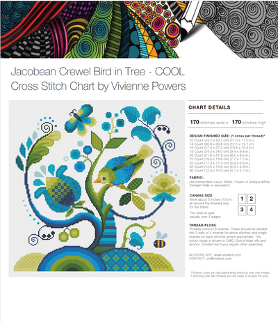 Jacobean Crewel Bird in Tree - Cool